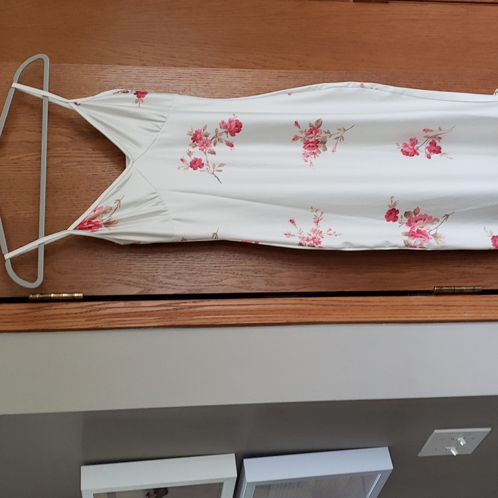 Shein cream pink floral champagne tan v neck midi slip dress